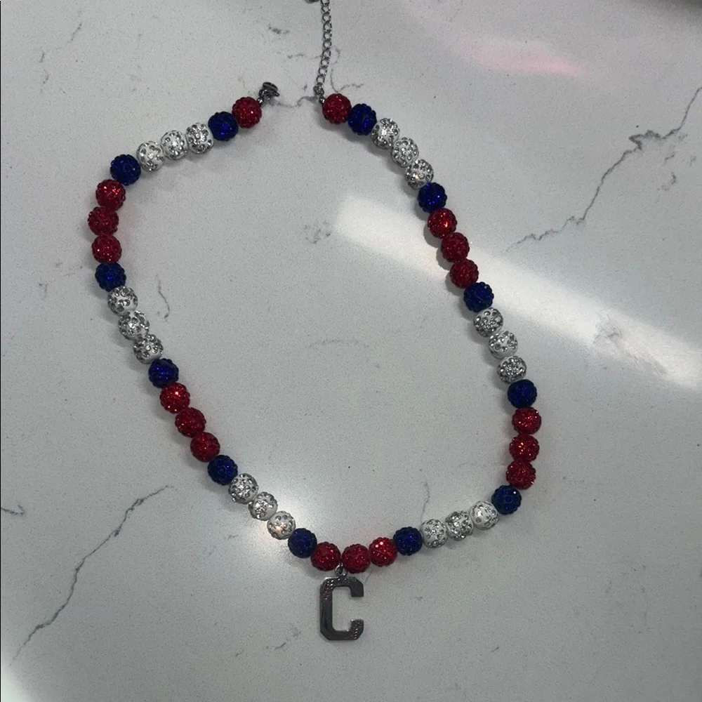 Softball Necklace - Red, Blue & Silver Beaded Necklace with “C” Pendant